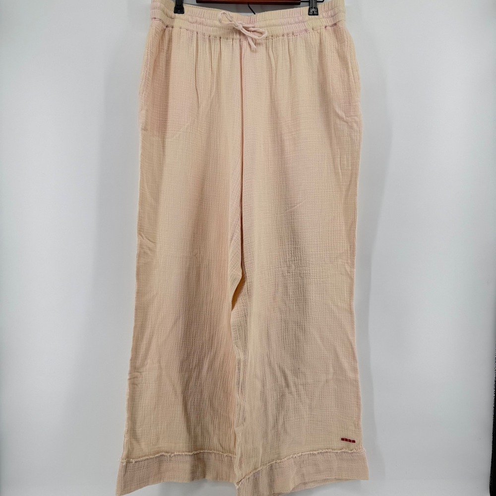 Peace Love World Womens Large Peach Cotton Gauze Wide Leg Drawstring Pants Pink